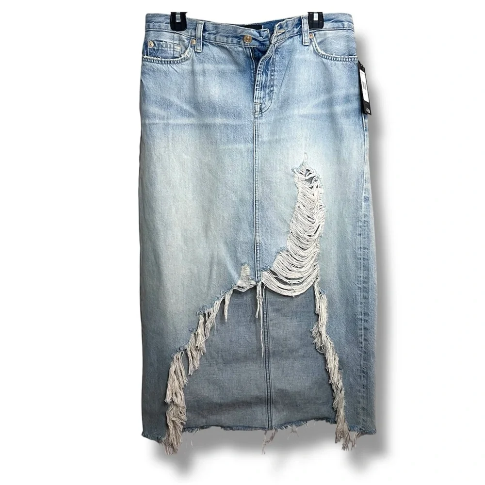 7 For All Mankind Women’s Light Blue Distressed Midi Skirt - Picture 1 of 4